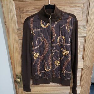 RALPH LAUREN CARDIGAN SWEATER QUILTED EQUESTRIAN PRINT RIBBED FULL ZIP SIZE XL